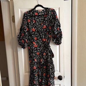 Wrap Midi Dress with Red Floral Print - Black